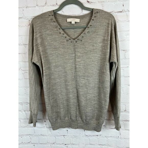 ANN TAYLOR LOFT gray beaded crystal wool blend knit sweater pullover top SM - Picture 1 of 9